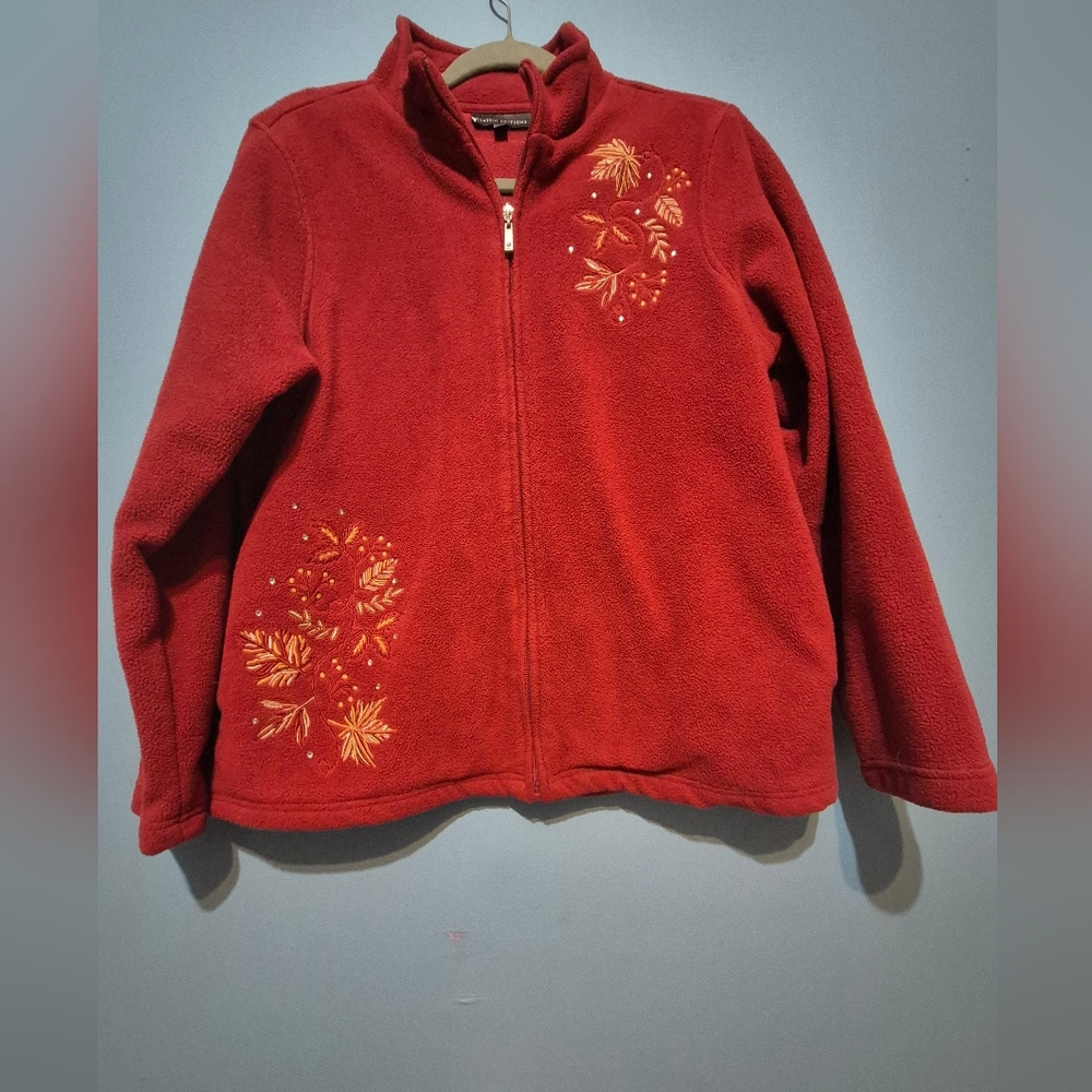 Red Fleece Zip-Up Jacket with Embroidered Floral Accents